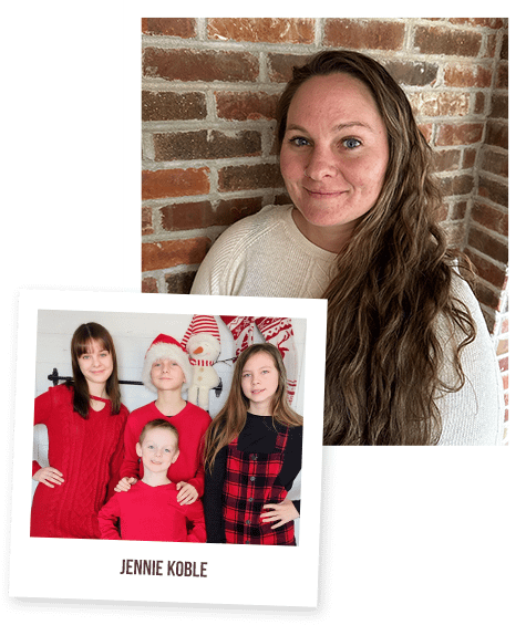 Jennie Koble profession shot and family photo